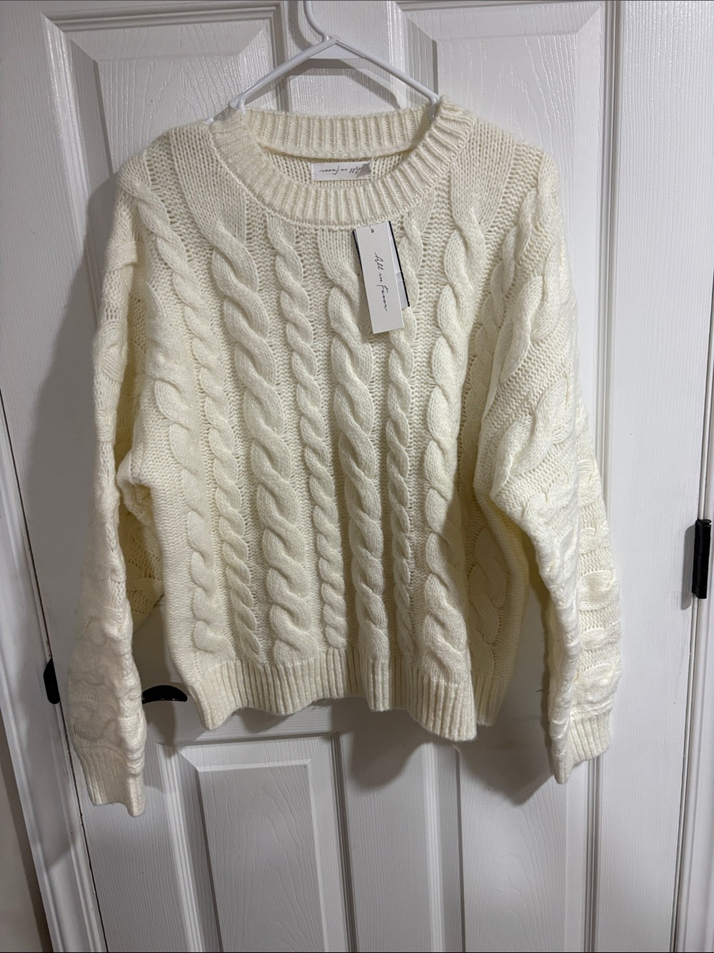 All in Favor Cream Cable-Knit Crewneck Sweater